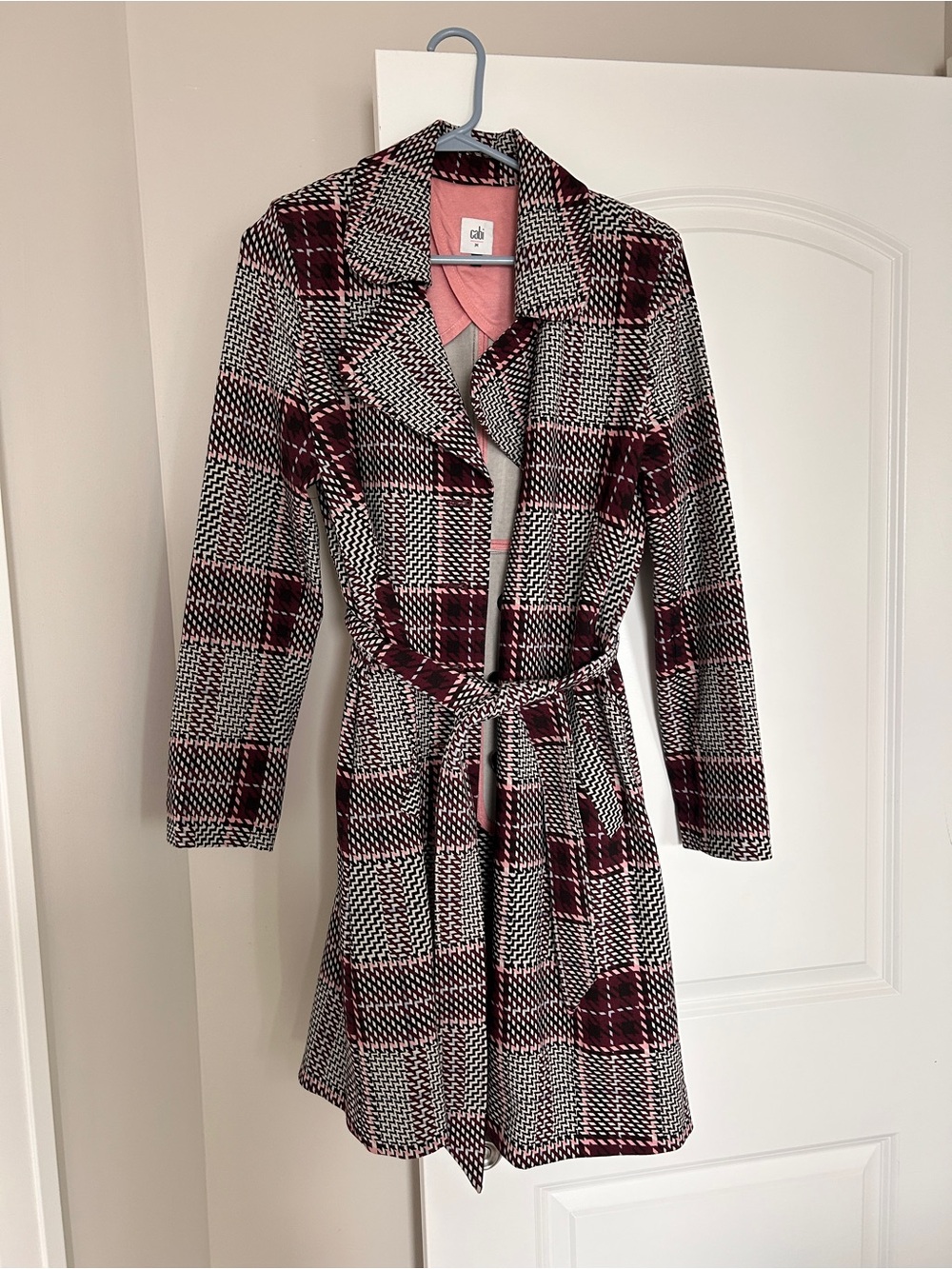 CAbi Pink and Black Plaid Wrap Belted Coat